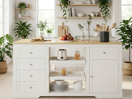 Drop Leaf Kitchen Island With Storage, Power Outlet & Pet Bowl Drawer - White / Light Oak