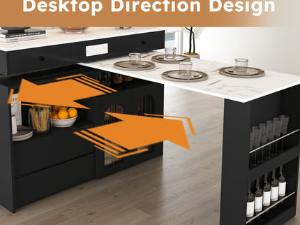 Kitchen Island With Extendable Rotating Table, 4 Drawers & Glass Door Cabinets, Built In Socket - Black