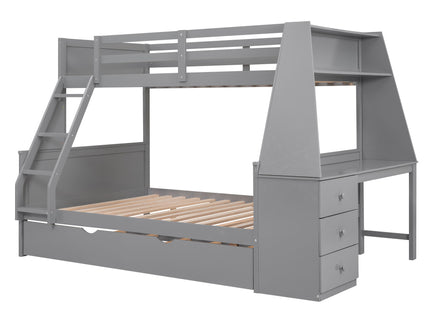 Bunk Bed With Trundle And Built In Desk, 3 Storage Drawers And Shelf