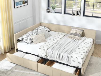 Mid-Century Storage Upholstered Tufted Bed Frame With Backrest And Armrests