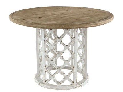 Round Wooden Dining Table With Ornate Cut Out Base - Brown / Antique White