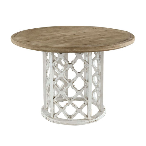 Round Wooden Dining Table With Ornate Cut Out Base - Brown / Antique White