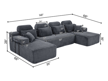 Sectional Sleeper Sofa & Storage Pockets, Modular Couch With Throw Pillows For Living Room