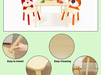 Table And 2 Chairs Set, Activity Play Table Set With Bear & Tiger Design - Natural
