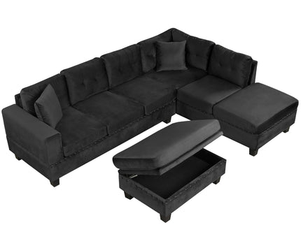 Modern Sectional Sofa With Storage Ottoman, L - Shape Couch With 2 Pillows And Cup Holders