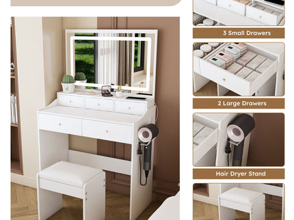 Modern Makeup Vanity Set With Power Outlet, Hair Dryer Holder, And Adjustable Lighting
