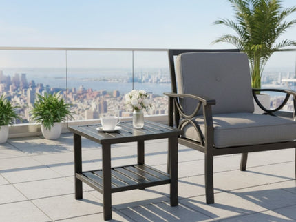 Square 2 Tier All-Weather Outdoor Side Table With Slatted Top