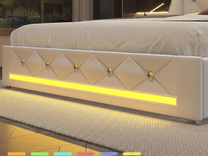 Wingback Upholstered Bed Frame With LED Lights, Charging Station