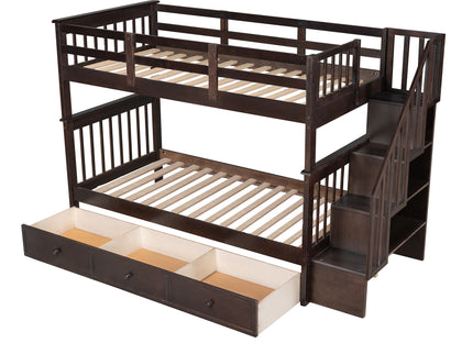 Stairway Bunk Bed With Storage And Guard Rail For Bedroom
