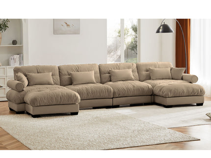 Modern Sectional Sofa With Ottoman, Round Bolster Armrests, Waist And Throw Pillows