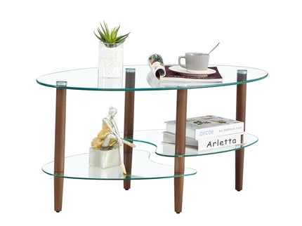 Transparent Oval Glass Coffee Table, Modern Table In Living Room Oak Wood Leg Tea Table 3-Layer Glass Table