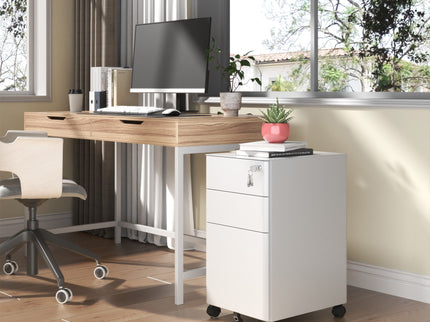 3-Drawer Mobile File Cabinet With Lock, On Wheels, Two Shallow & One Deep Drawer For Office/Home, Fully Assembled - White