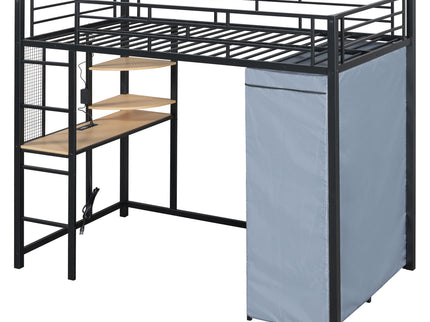 Loft Bed With Desk, Shelves, Power Outlet, LED Light And Wardrobe