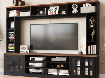 Wall Unit Entertainment Center With Bookshelves For TVs Up To 80", Tempered Glass Doors And Adjustable Shelves
