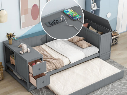 Daybed With Storage Arms, Trundle And Charging Station