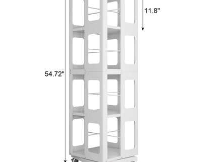 4 Tier All Steel Rotating Bookshelf With 360° Wheels, Large Size Sturdy & Spacious Book Rack, New Style Bookshelf - White