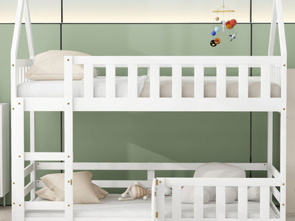 Twin Over Twin House Bunk Bed With Fence And Door
