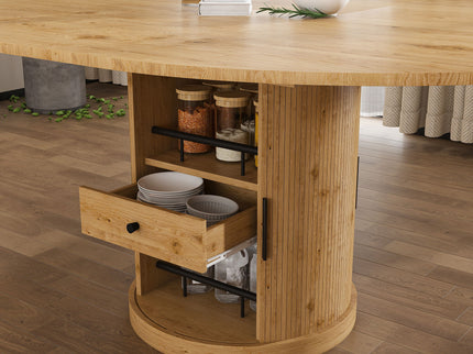 Extendable Oval Dining Table Set With 4 Cushioned Chairs, 2 Tier Storage - Oak
