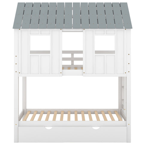 Twin Size House Bunk Bed With Trundle, Roof And Windows - White / Gray