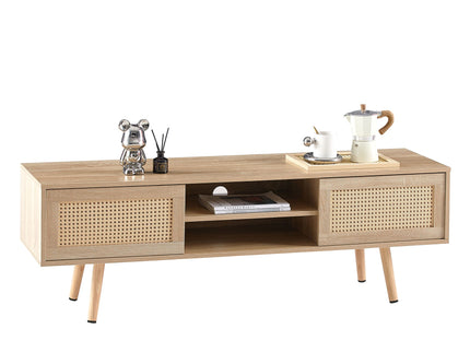 55.12" Rattan TV Cabinet, Double Sliding Doors For Storage, Adjustable Shelf, Solid Wood Legs, TV Console For Living Room