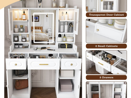 Large Vanity Table Set With Mirror, 6 Drawers & Shelves, Power Socket, Hair Dryer Holder, Cabinet Light, Dressing Desk - White