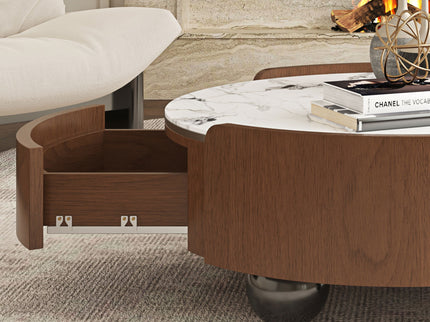 Round Coffee Table With Ball Feet, Dual Storage Drawers For Living Room - Walnut Brown