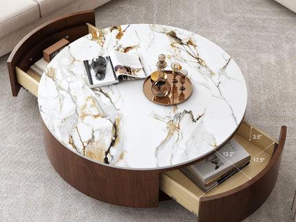 Round Coffee Table With 2 Drawers For Living Room - Walnut Brown / White / Multi