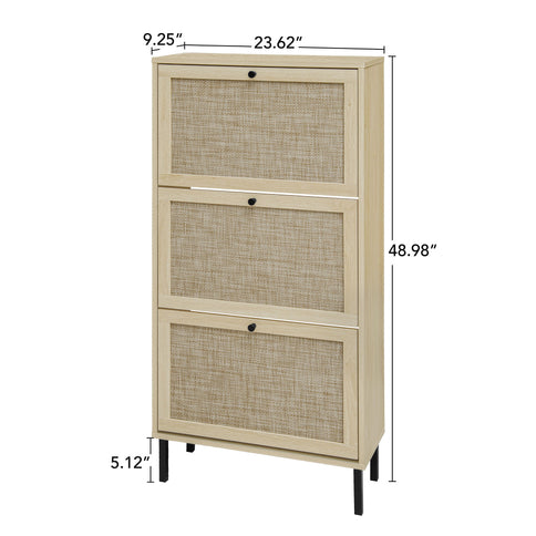 Modern Rattan 3 Door Shoe Rack Cabinet For Entryway