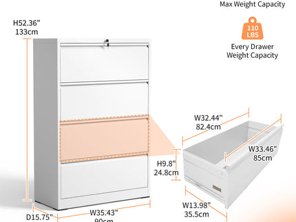 Lateral File Cabinet, Locking Heavy Duty, Anti-Tip Safety Interlock, Vertical Storage For Letter/Legal/A4 Files