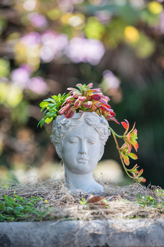 Greek Style Cement Head Planter Indoor Outdoor Home Garden Decor - Gray
