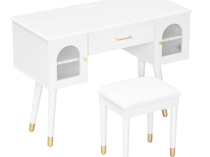 Elegant Vanity Makeup Table & Chair Set Modern Dressing Table With Organizer Writing Desk Charging Port Engineered Wood - White