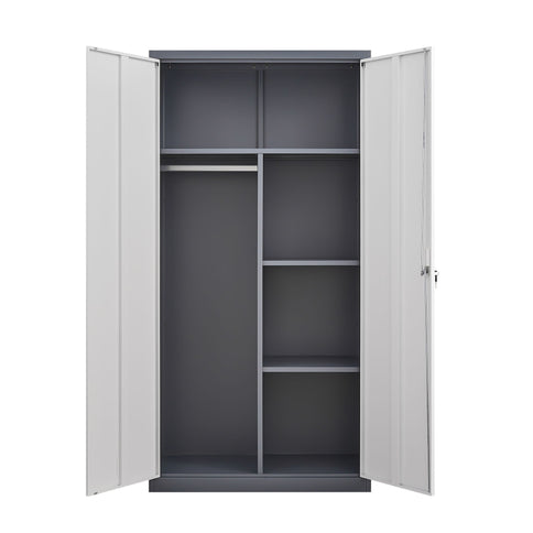 Wardrobe With Hanging Rod And Compartments, Lockable Closet With Locks & Keys For Bedroom - Gray