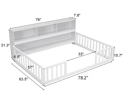 Floor Bed With Side Bookcase, Shelves, Guardrails