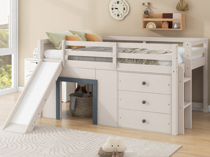 Modern Low Loft Bed With Slide, 3 Storage Drawers, And 2 Doors