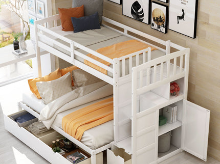 Bunk Bed, Convertible Bottom Bed, Storage Shelves And Drawers