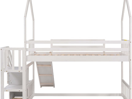 Twin Over Twin House Bunk Bed With Convertible Slide, Storage Staircase
