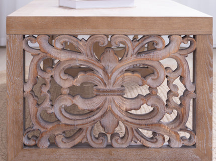 Rustic Carved Wood Coffee Table, Handcrafted Look With Ornate Side Panels