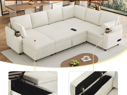 U-Shaped Sectional Sleeper Sofa With Ample Storage Space, 2 Cup Holders And Charging Ports For Living Room