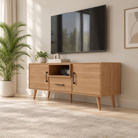 TV Stand For TVs Up To 60" With 2 Doors, 1 Drawer And 1 Open Shelf - Oak