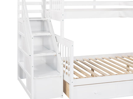 Solid L Shaped Bunk Bed With 3 Drawers, Ladder And Staircase