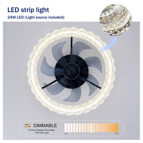 LED Light Source And Remote Control, 3000 - 6500K Dimmable Flush Mount LED Fan Light, 6 Speeds, Quiet DC Motor - Matte Black