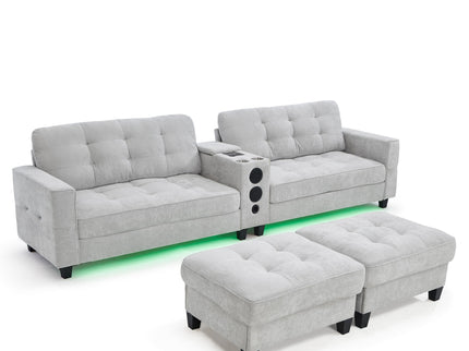 Modern Sectional Sofa U-Shaped With Movable Ottomans, tooth Speakers, LED Lights And Modular Storage