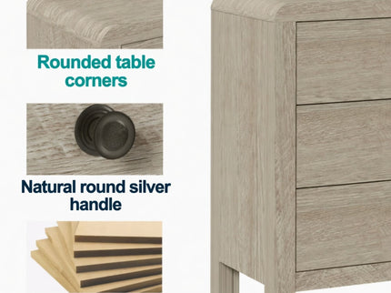 3 Drawer Chest Of Drawers With Soft Close Glides Rounded Corners Handles - Natural