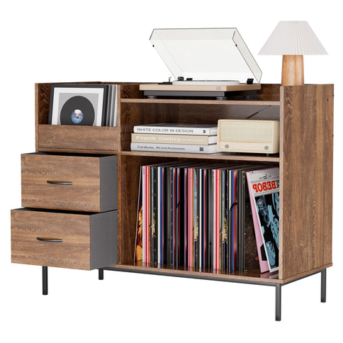 Grain Record Player Stand, Media Console With Speaker Shelf & 2 Drawers