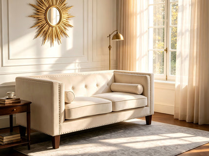 Button Tufted Square Arm Loveseat Sofa With Nailhead Trim, Upholstered 2 Seater Couch - Ivory