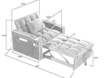 Convertible Sleeper Chair Sofa Bed Adjustable Pull Out Sleeper Chair Bed Multi-Pockets Folding Sofa Bed For Living Room Bedroom Small Space, 3 In 1 Sofa Bed