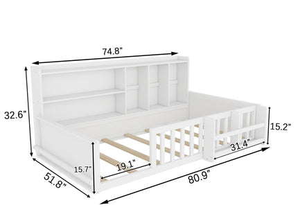 Platform Bed Frame With Guardrail, Storage Shelves & Bookshelf