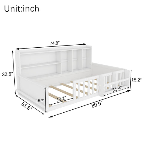 Platform Bed Frame With Guardrail, Storage Shelves & Bookshelf