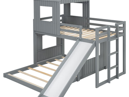 Loft Bunk Bed With Playhouse, Farmhouse, Ladder, Slide And Guardrails