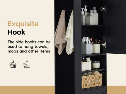 Tall Freestanding Bathroom Storage Cabinet With Adjustable Shelves And Side Hooks Board, Rectangle Design
